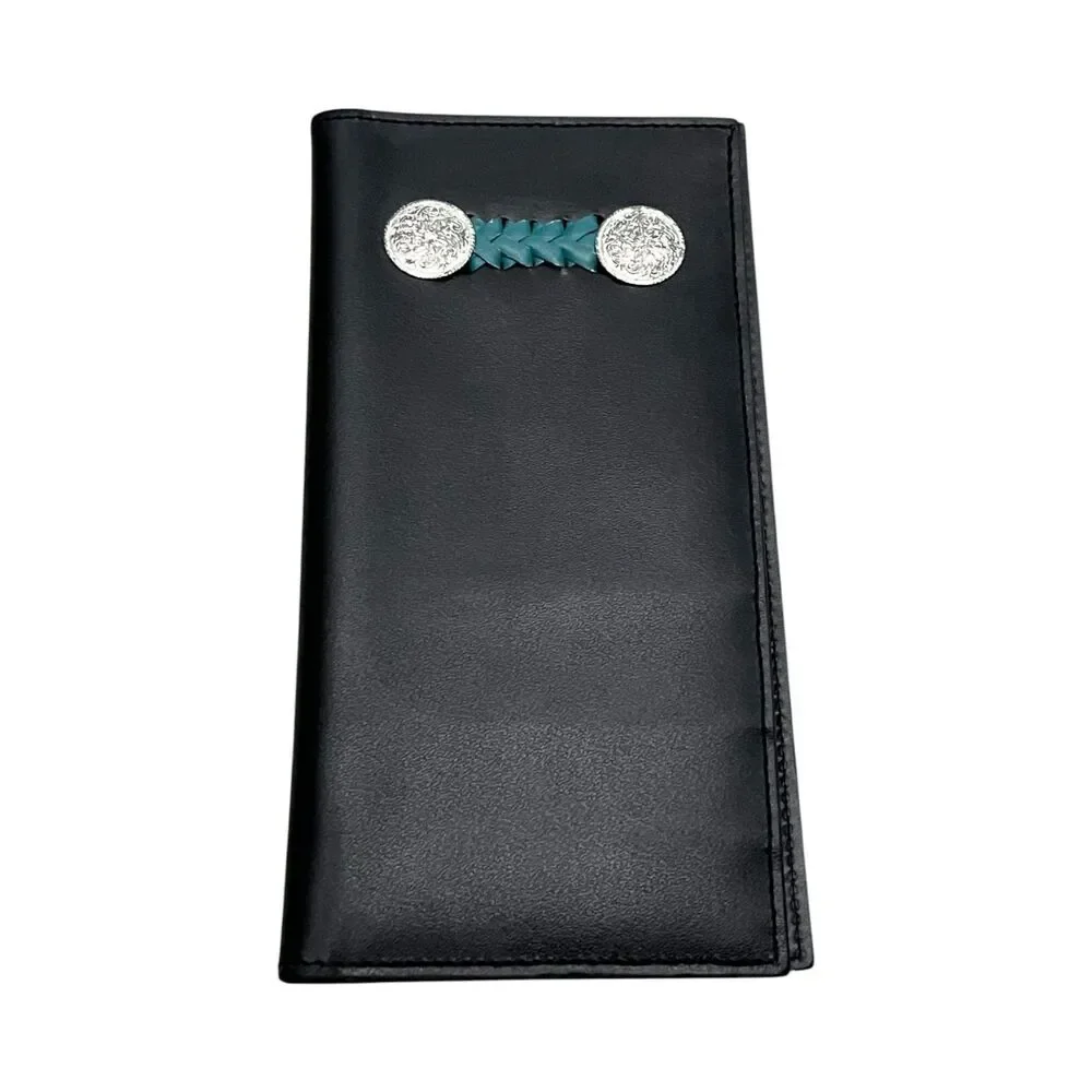 Tex Tan Vintage 80s Black Leather Rodeo Wallet Turquoise Concho Western Cowboy